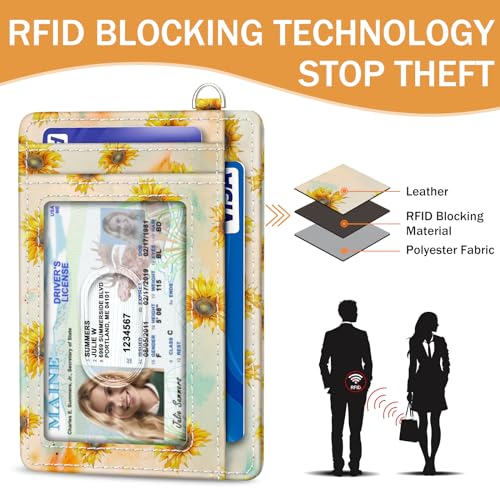 Image of Yonlevres Sunflower Credit Card Holder Slim RFID Wallet Women Small Travel | Front Pocket, Handy, RFID Blocking, Woman Girls Ladies Gifts, D-ring for Keychain,Thin Mini Card Case, ID Window, PU Leather