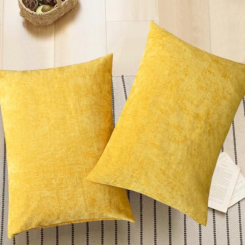 Image of CaliTime Throw Pillow Covers Decorative 20 X 26 Inches Pack of 2 Cozy Chenille Standard Pillow Shams Cases for Couch Sofa Bed Living Room Home Mustard Yellow