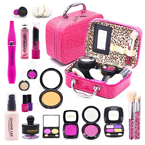 sun gurg Girl Makeup Kit with Cosmetic Bag, Kids Beauty Pretend Play Toys for Girls Age Over 3, Eye Shadows, Lipstick, Mascare, Gittler, Liquid Foundation, Nail Polish and More, Not Real