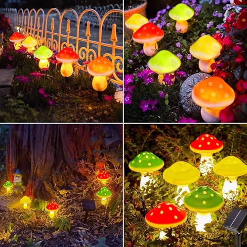 Cozymeow Garten Deko Draußen 6 LED Solar Pilze Deko, 8 Modi Fliegenpilz Wasserdicht solarfiguren für Außen Garten Rasen Balkon Terrassen Party