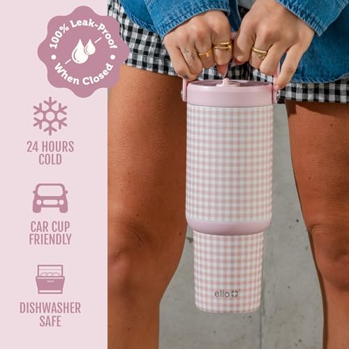 Image of Ello Oasis Go+ 32oz Tumbler with Top Handle and Retracting Straw | Reusable Insulated Stainless Steel Cup, 100% Leakproof Water Bottle, 24 Hours Cold, Cup Holder Friendly For Travel | Pink Gingham
