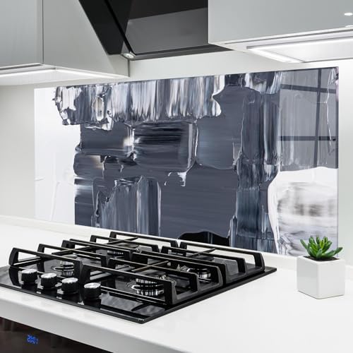 ARTHUB® Glass Kitchen Splashback 60x120 cm, Tempered Glass 4mm | Heat Resistant, Stove Splash Guard, Wall Protector, Abstract, Black Acrylic Painting