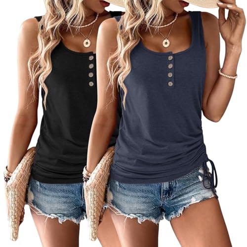 Womens Tank Tops, 2 Pack Summer Tank Tops for Women 2025, Sleeveless U Neck Loose Button Casual Henley Tops Shirts (US, Alpha, X-Large, Regular, Regular, Black&Dark Blue)