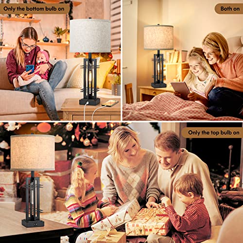 Set Of 2 Farmhouse Table Lamps With Usb Ports, 27.5" Tall 2-Lights Reading Lamp, Bedside Nightstand Lamp With Cream Fabric Shade, Industrial Desk Lamp For Bedroom Living Room Office, 2 Bulbs Included #TOP5