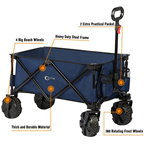 Portal Folding Collapsible Beach Wagon Utility Outdoor Camping Beach Cart With 8" Wheels & Adjustable Handle, Large Capacity Foldable Grocery Wagon For Garden Beach Wagon, Blue #TOP3