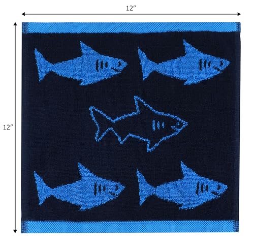 Image of ORIGINAL KIDS Wash Cloth - Bath Time Shark Attack Set of 12 Washcloths - 100% Cotton Jacquard Super Soft Colorful Absorbent Quick Dry Easy Care Face Towel Face Cloth Gift - 12 x 12 - Navy Blue