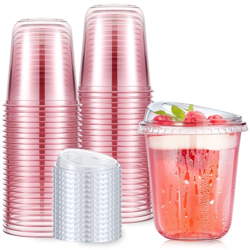 Ziliny 50 Sets Plastic Coffee Cups with Sip Lids, Clear Pink, 14 oz