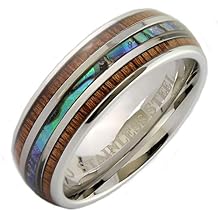 Stainless Steel 6 or 8mm Real Koa Wood or Faux Opal with Abalone Inlay Black Plated or Non-Plated Ring