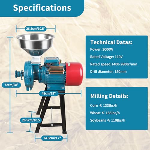 Image of Electric Grain Mill Grinder 3000W 110V | Commercial Corn Grinder with Funnel, Thickness Adjustable, For Grain Corn Rice Herbs Pepper Powder, Dry Use