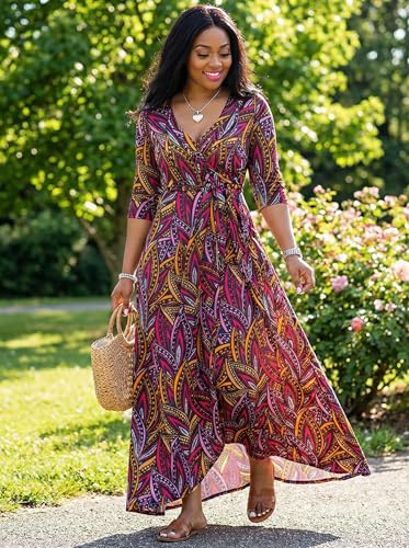 Image of Yajedo Womens Casual Summer Maxi Dress Plus Size Sexy Wrap V Neck 3 /4 Sleeve Sundress with Pockets
