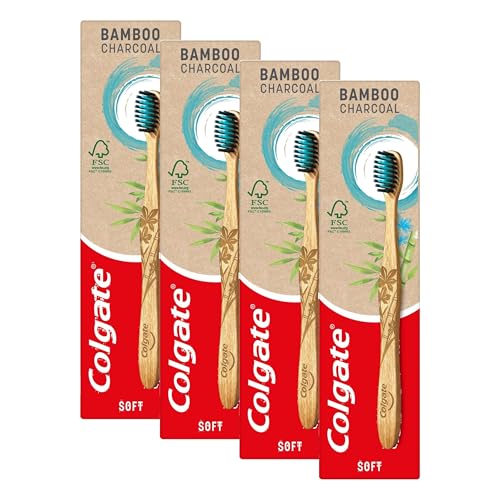 Image of Colgate Bamboo Charcoal Soft Bristles Manual Toothbrush 1 Piece - Manual Toothbrush with Activated Carbon Slim Tip Bristles, 100% Natural Biodegradable Bamboo Handle (Pack of 4)