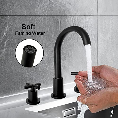 Eglgcc Matte Black Widespread Bathroom Sink Faucet Two Handle Cross Knobs Three Holes Lavatory Vanity Deck Mount Cold Hot Water Mixer Bar Tap Bathroom Black Faucet #TOP2