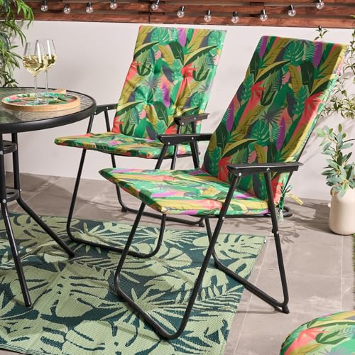 OHS 2 Pack Seat Cushions for Dining Chairs Seat Pads, Palm Print Water Resistant High Back Seat Cushions with Ties for Garden Bistro Chairs Sun Loungers Indoor Outdoor Cushion, Green - 47 x 105 x 3cm
