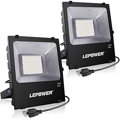 LEPOWER LED Flood Light Outdoor, 150W LED Work Lights Plug in, 11000lm 6000K White Light, IP66 Waterproof Outdoor Floodlights for Garage, Playground, Backyard, Basketball Court(2 Pack)
