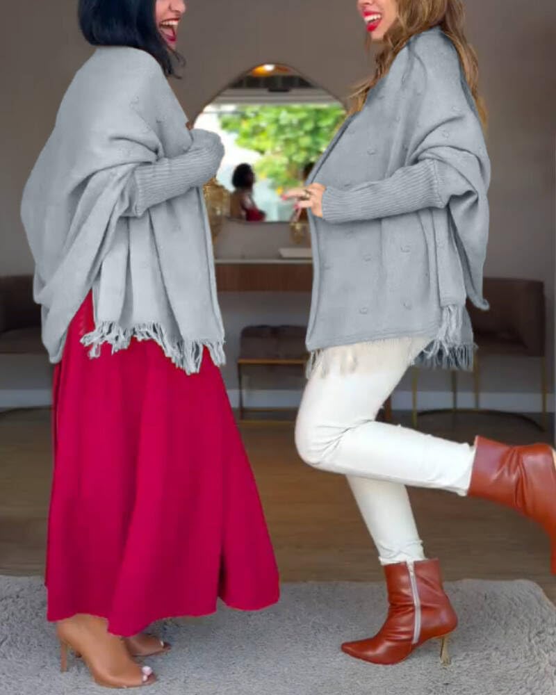 CHICME Solid Poncho Shawl Wraps Knitted Poncho Cardigan Warm Long Sleeve Cozy Versatile Fringe Sweater Cardigan - Image 2