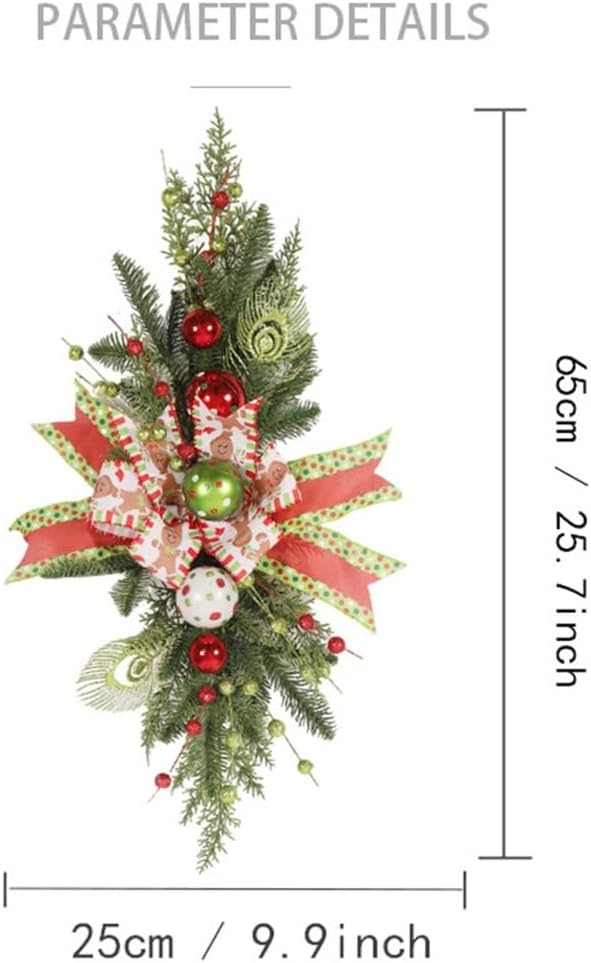 Christmas Hanging Form, Artificial Conifer-Style Arrangement with Movable Hook, Ribbon Tie and Round Holiday Features for Indoor Doorways and Hearth Locations, 25.6 X 9.8 in