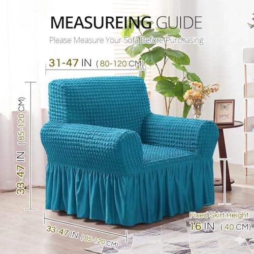 Image of Bails Sofa Cover 1 Seater Fully Covered | Sofa Cover 3 Seater Fully Covered | Sofa Cover 1 Seater | Universal Elastic Bubble Fabric with Frill Sofa Protector Cover (Turquoise, 1 Seater)