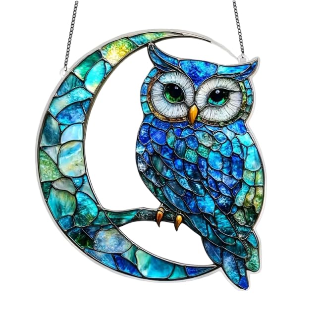 Owl Suncatcher Teal, Whimsical Stained Glass Window Decor for Women Home Garden, Unique Acrylic Car Charm Hanging Ornament