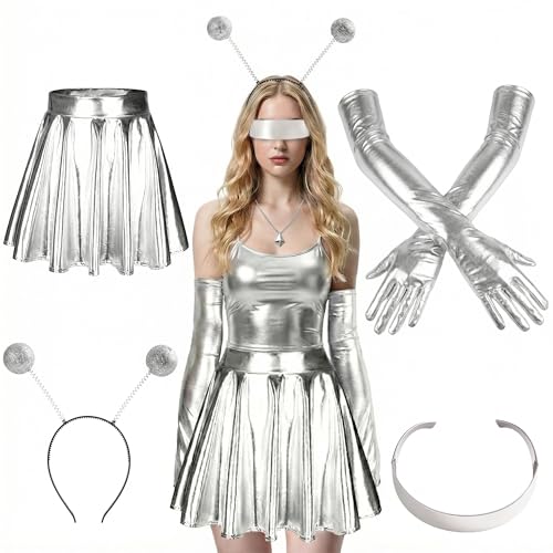 BUOSHUO 4 Pcs Alien Kostüm Damen Set Besteht aus Handschuhen+Alien Brille+Sexy Glitzerrock+Fühlern/Antennen Outfit Weltall Kostüm für Thema Party Karneval Cosplay