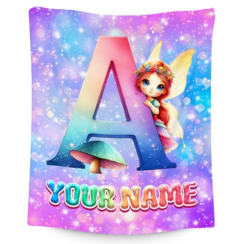 Personalised Blanket for Girls – Custom Kids Throws with Name – Magical Fairy Gifts for Toddlers, Kids and Children – Soft Flannel Fuzzy Initial Throw for Sofa, Bed, Office