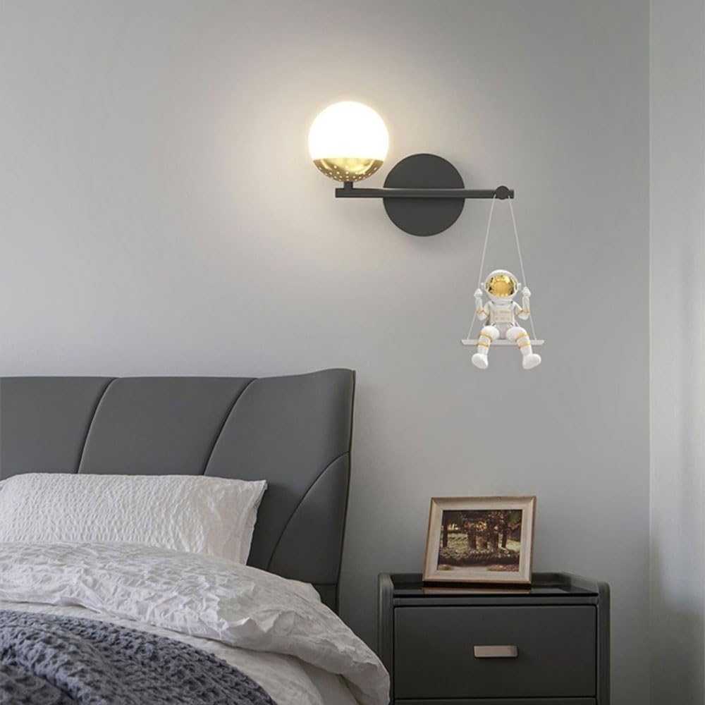 Modern Home Decoration Wall Lamp LED Cartoon Children Bedroom Light Astronaut Moon 3-Color Mount(Left Light)
