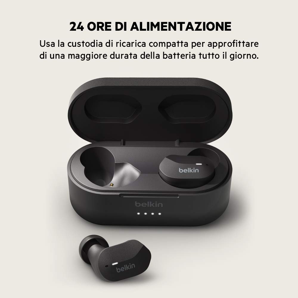 Belkin SoundForm Auricolari true Wireless (Cuffie Bluetooth per iPhone, Samsung, Google, controlli touch, Custodia di Ricarica Portatile, riproduzione 24 ore, isolamento rumori, anti-sudore) Nero