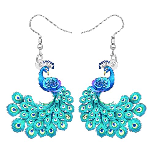 DUOWEI Acrylique Boucles d'oreilles Paon Floral Oiseaux Animaux Printemps Bijoux Oiseau Paon Cadeaux pour Femmes Amoureux des Oiseaux Accessoires Charms (Bleu)