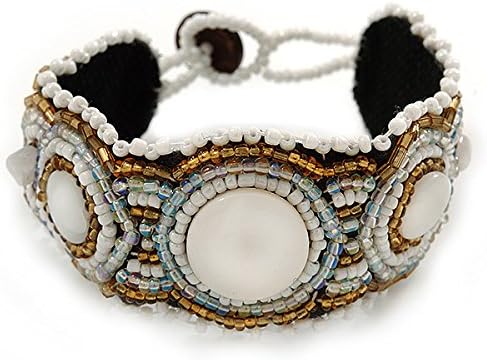 Avalaya Handmade Boho Style Beaded, Shell Wristband Bracelet (White, Gold, AB) - 18cm L, white / ivory, gold, beige - Image 3