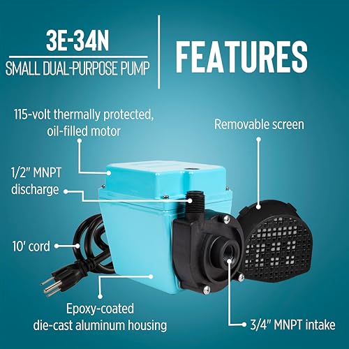 Little Giant 3E-34N 115-Volt, 1/15 HP, 670 GPH Dual Purpose In-Line or Small Submersible, Oil-Filled Pump, 10-Ft. Cord, Blue, 503603 by Little Giant - Image 5
