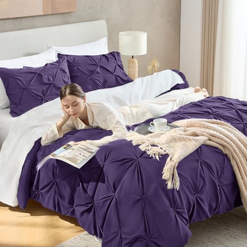 Image of Andency Full Pinch Pleat Comforter Set (79 inchx90 inch),3 Piece Lightweight Pintuck Bedding Comforters & Sets, Fluffy Down Alternative Comforter with 2 Pillow Shams for All Season,Purple