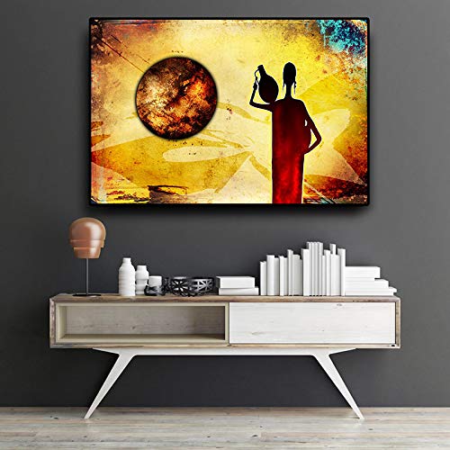 Peinture sur toile femme africaine abstrait paysage vintage art mural pour salon 60x90 cm