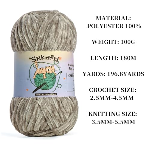 Image of Fuzzy Chenille Yarn for Crocheting, Fluffy Amigurumi Crochet Yarn for DIY Craft /Hat /Shoes, (100 g /197 yds) Soft Velvet Baby Blanket Yarns（Silver Gray）