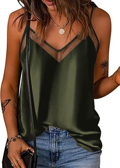 Ekouaer Womens Silk Satin Cami Tank Top 2026 Mesh V-Neck Adjustable Strap Sleeveless Summer Camisole Blouse - Image 2