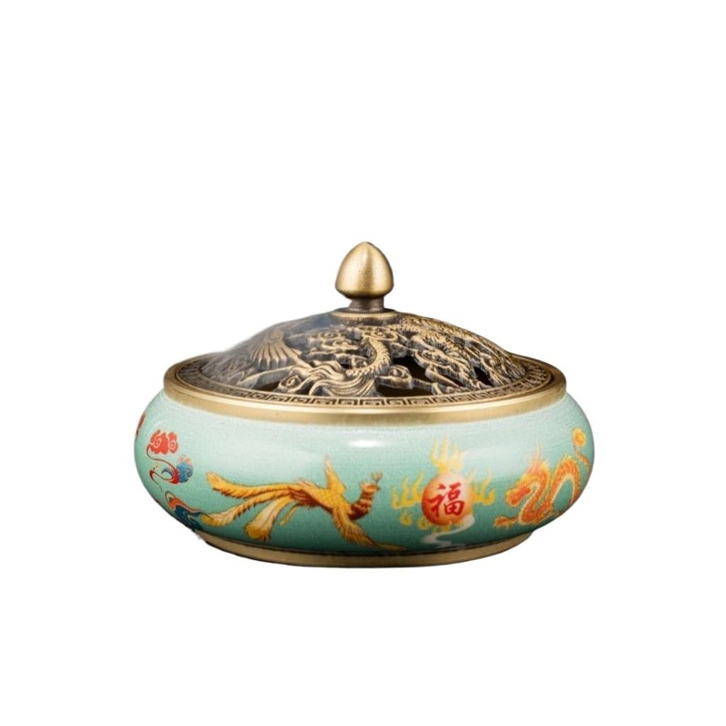 incense burner， Incense burner censer holder Painted Brass Burner Gold Dragon Phoenix Sandalwood Plate Household(Vert)