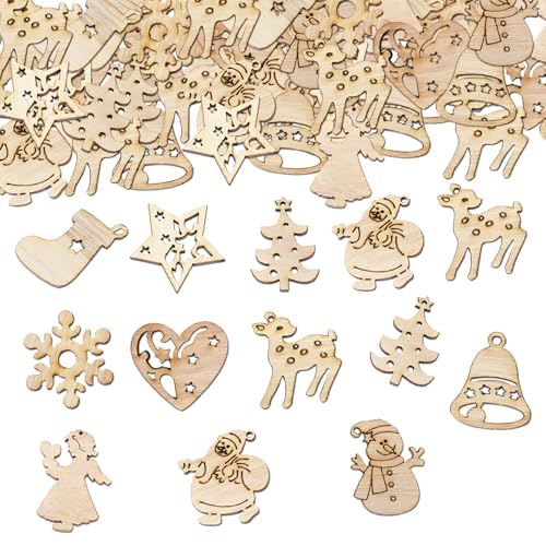 100 Stück Weihnachten Holzanhänger, Kleine Anhänger Holz Deko für Weihnachten, Streudeko Holz für Dekofür Handwerk Making DIY Weihnachtsdeko, Weihnachtshandwerk Weihnachtsanhänger
