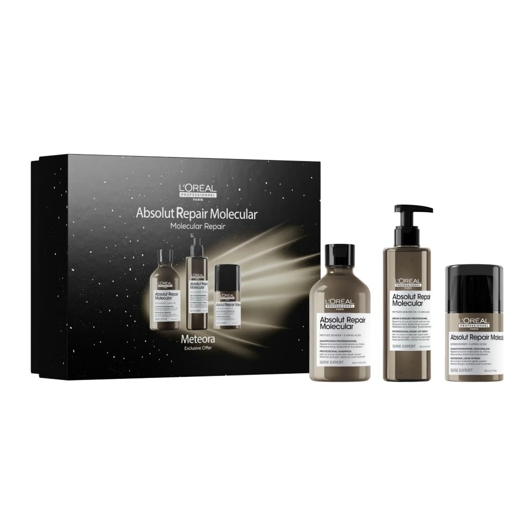 L'Oréal Professionnel Set mit Shampoo, Rinse-Off Serum und Leave-In, Meteora Geschenkset, Mit Peptidbondern & 5 Aminosäuren, Für stark strukturgeschädigtes Haar, Serie Expert, Absolut Repair Molecular