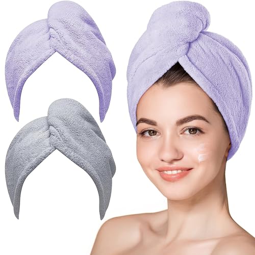 Image of Hicober Microfiber Hair Towel, 2Packs Hair Turbans for Wet Hair, Drying Hair Wrap Towels for Curly Hair Women Anti Frizz (Purple,Grey)