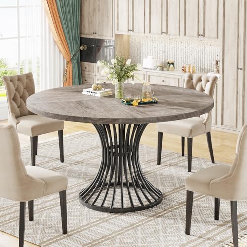 Image of Tribesigns Round Dining Table for 4-6 People, 47-Inch Farmhouse Dinning Room Circle Kitchen Table, Industrial Dinner Table with Metal Base for Kitchen, Living Room, Gray
