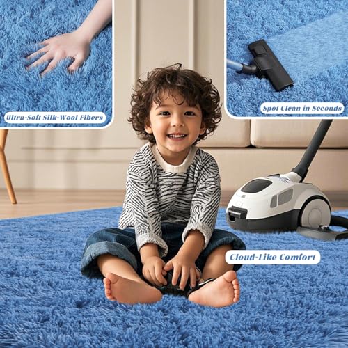 Large Blue Fluffy Rugs for Living Room 8x10 ft - Ultra Soft Faux Fur Area Rug - Plush Non-Slip Shaggy Carpet for Bedroom, Kids Boys Girls Dorm Nursery Room