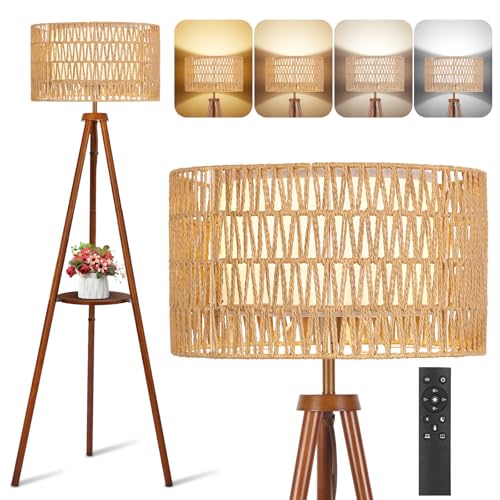 OUTON Lampadaire Trépied en Bois Massif avec Doubles Abat-Jour en Rotin & Lin, Télécommande, Dimmable & 4 Températures de Couleur, Lampadaire Boho avec Étagères...