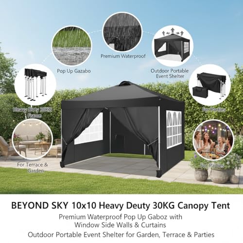 Image of PERGOLA Design 10x10 Heavy Duty 30KG Canopy Tent with Window Side Walls & Curtains | Premium Waterproof Pop Up Gazebo Outdoor Portable Event Shelter for Garden, Terrace & Parties