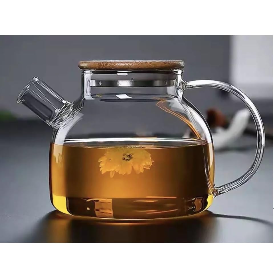 Image of ANKUL Stylish 1 LTR Glass Teapot with Wooden Lid - Stovetop & Microwave Safe, Removable Filter Spout for Loose Leaf and Blooming Tea and Fruit Tea (Ankul - 07)
