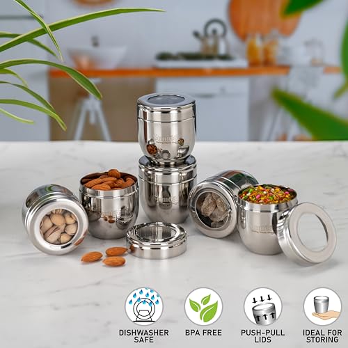 Image of Sumeet Stainless Steel Conical Shape Canisters /Dabba /Storage Containers for Kitchen with See Through Lid, Set of 6 Pcs, 150ml Each, 6cm Dia, Silver
