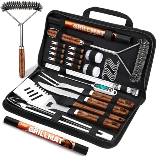 RINPIR 31pcs BBQ Grill Accessories Set for Men Dad, Heavy Duty Grilling Tools Gifts for Fathers Day, Stainless Steel BBQ Utensils Kit with Mats, Grill Brush in Carrying Bag Brown