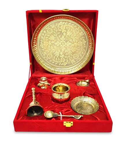 Image of BENGALEN Brass Pooja Thali Set with Red Gift Box 8 Inch Pital Puja Thali Dhup Dan Kalash Palli Ghanti Kangura Plate Kuber Diya for Diwali Home Mandir Office Wedding Return Gifts Items