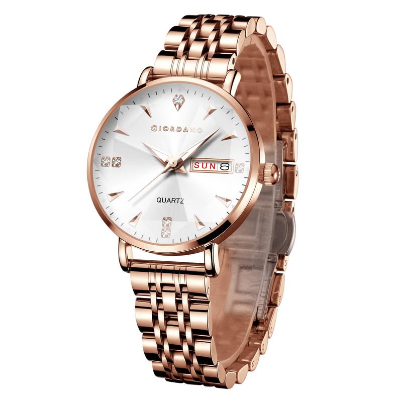 Giordano Rose Gold Analog Watch for Women with Luminous Hands & Markers, Day & Date Display and Stainless Steel Strap - GZ-60139-11