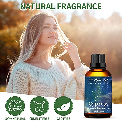 Image of BURIBURI 100ML Cypress Essential Oil, 100% Pure Undiluted Aromatherapy Cypress Oil 3.38fl.oz for Soap, Candle Making, Massage, Diffuser, Humidifier