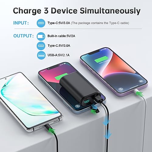 Portable Charger 10800Mah For Iphone,Small & Ultra-Compact 15W Pd Fast Charging Power Bank ,Lcd Display Battery Pack With Built-In-Cable Compatible With Iphone 14/14 Pro Max /13/12/X/Xr/Xs/8/7/6 Etc #TOP3