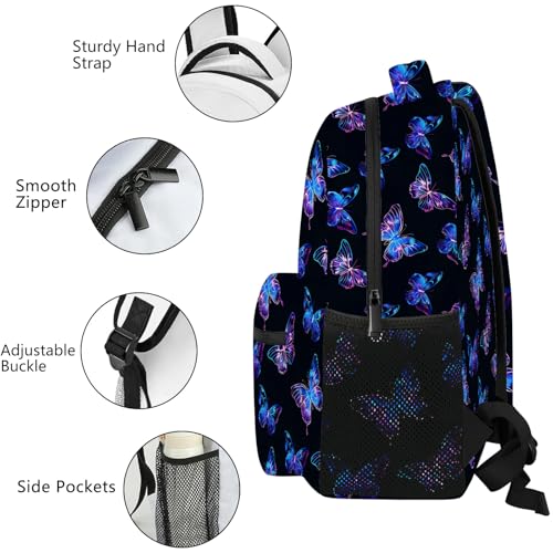 Butterfly Backpack for Girls Women, Blue and Purple Butterfly on Black Bookbag for Kindergarten Elementary Middle School, Lightweight Travel Casual Backpacks Daypack with Multiple Pockets3