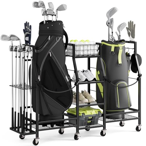 Golf Bag Storage Rack for Garage, 2-Bag Organizer with Wheels | Golf Clubs and Accessories Organizer with Shelves, Accessory Baskets and Glove Holders